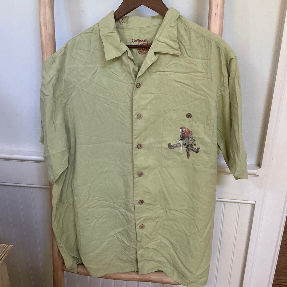 Caribbean Parrot Island Martini Bar Sage Green Button Down Shirt Mens XL